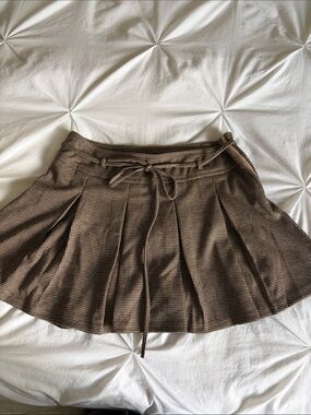 Brown Houndstooth Pleated Mini Skirt